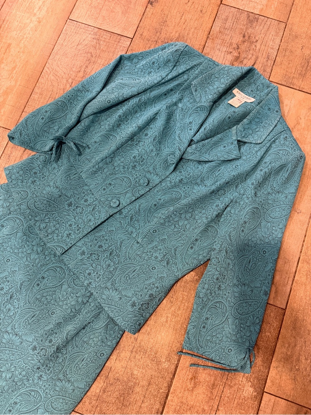 Vintage 80s Teal Paisley Jacquard Style Blazer Skirt Set Women's Suit Jacket